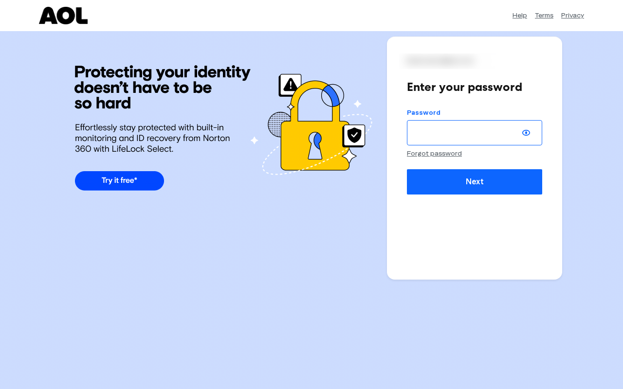 AOL password step with the Norton / LifeLock cross-sell, account address blurred