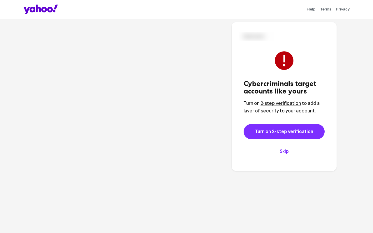 Yahoo's own post-login warning, which still doesn't mention passkeys as the actually-AiTM-resistant option